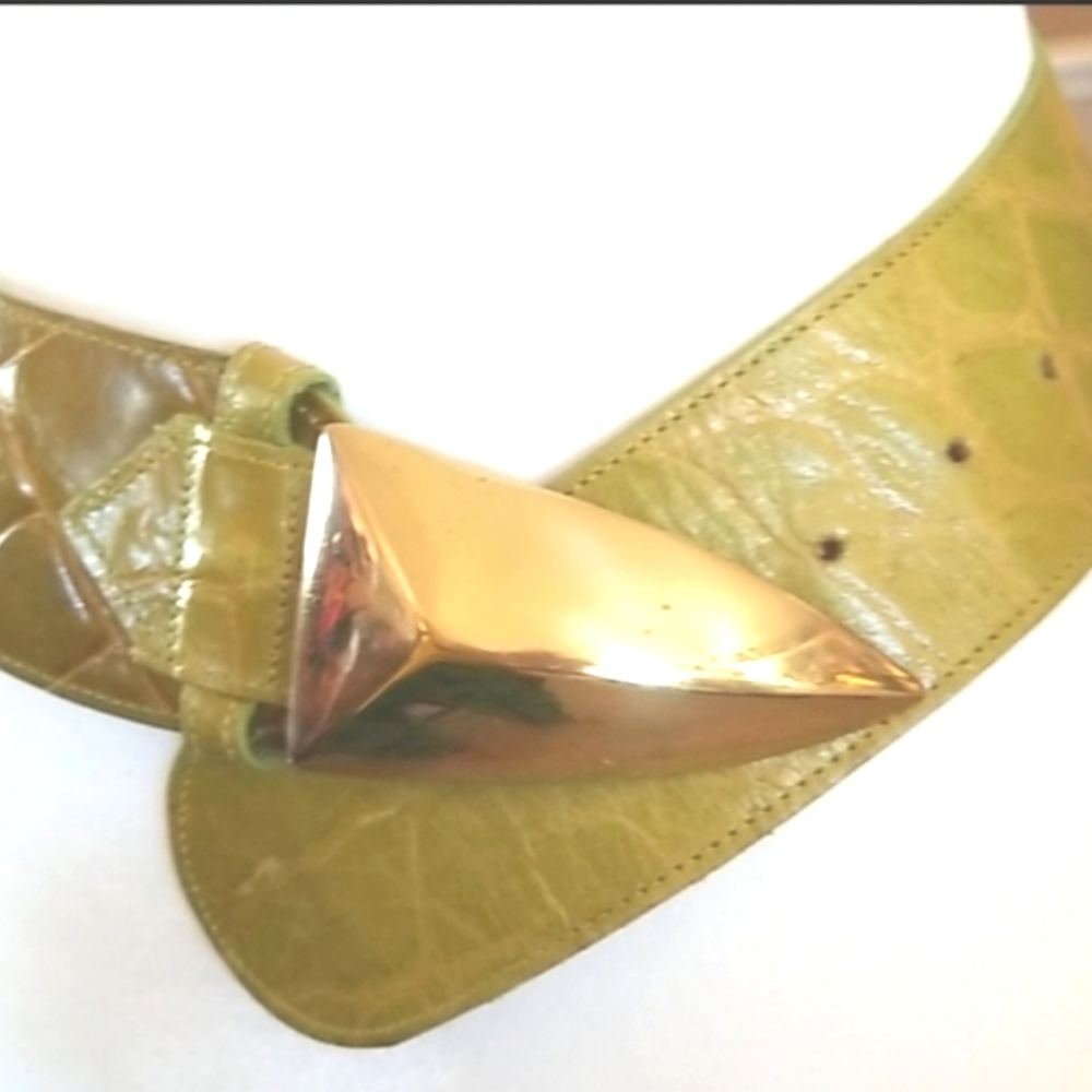 80's Vtg Leather Mod Brass Buckle Olive Pea Green 2.5" Waist BELT by DETAILS usa - Picture 4 of 13